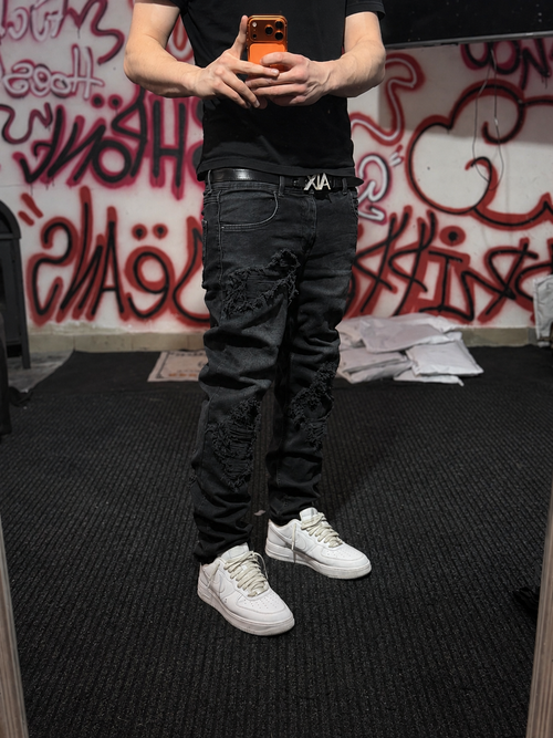 Dripped double distressed dripped slimfit jeans
